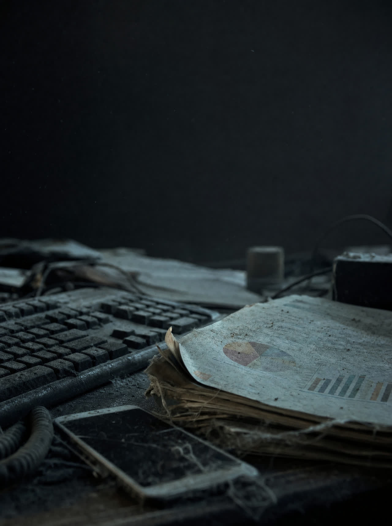 Dusty keyboard and curling printed reports in cold light